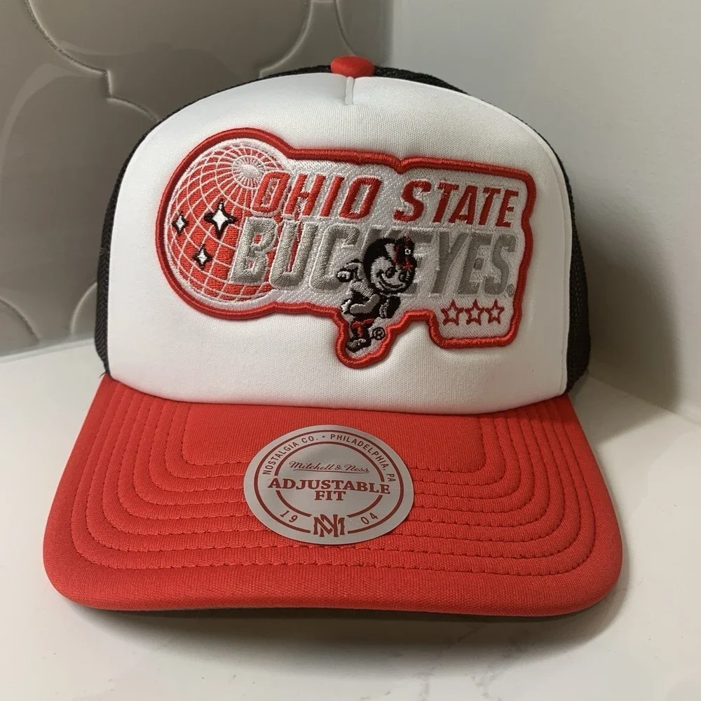 Mitchell & Ness Ohio State Buckeyes Foam Globe Trucker Adjustable Snapback Hat